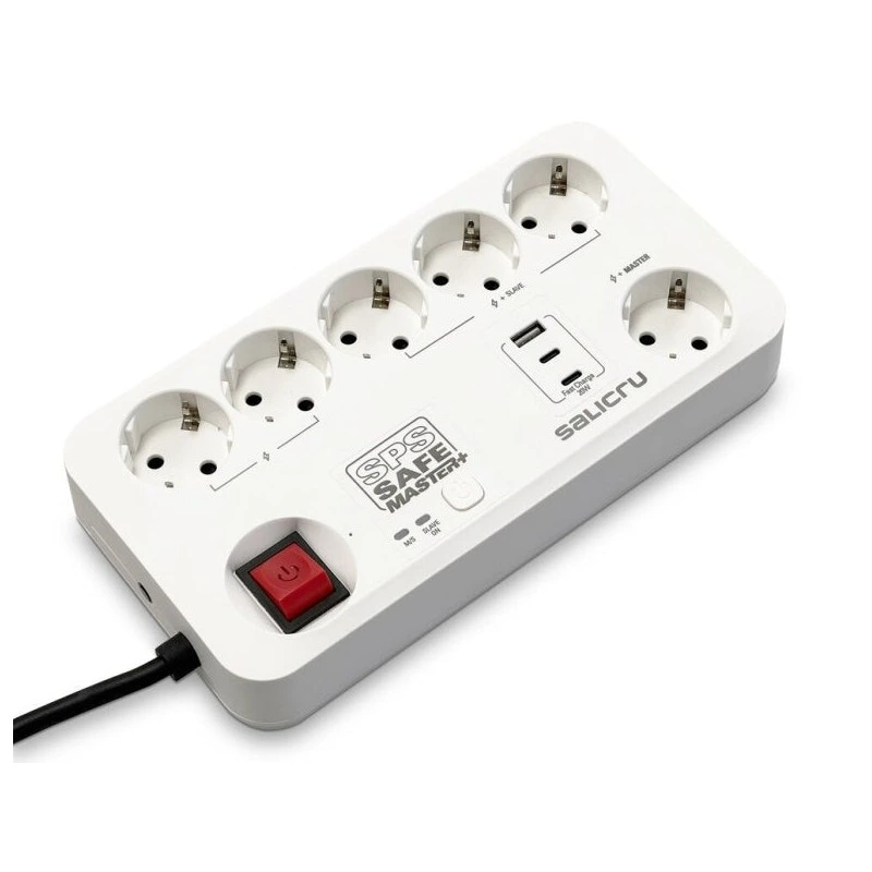 Salicru SPS SAFE MASTER+ Power Strip Protetores Elétricos Ativos de Última Geração - 6 Tomadas Schuko - 1xUSB-A, 2xUSB-C