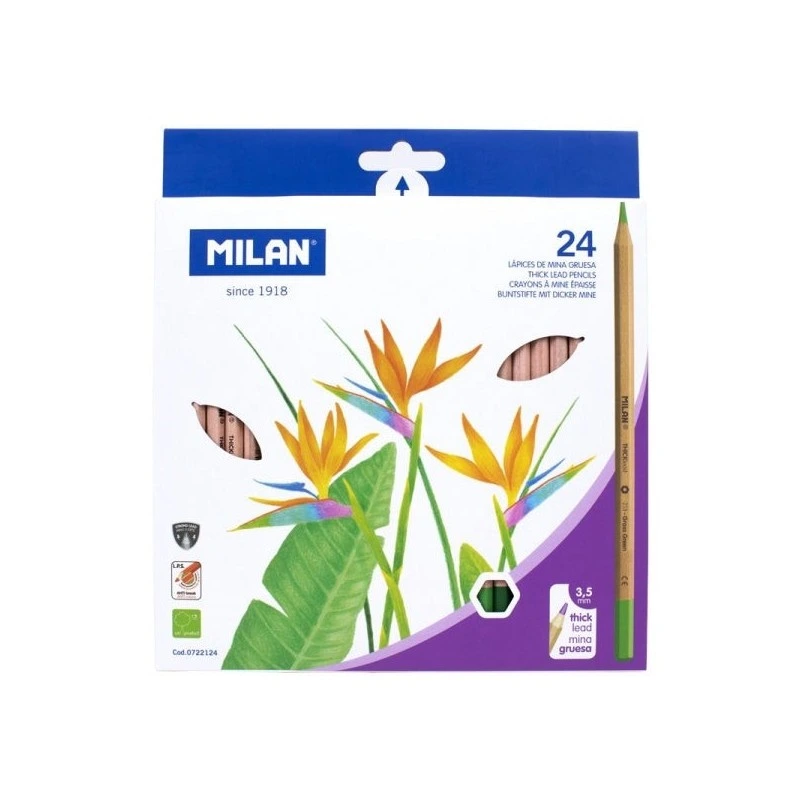 Milan Lot de 24 Crayons de Couleur Hexagonaux - Mine de 3,5 mm d'épaisseur - Incassables - Bois certifié FSC - Couleurs