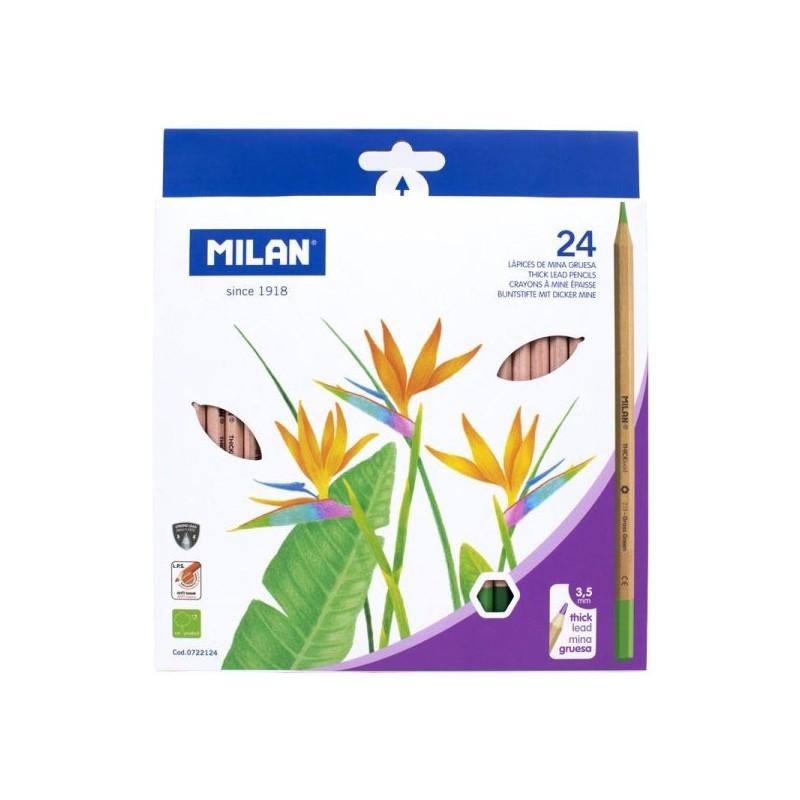 Milan Pack of 24 Hexagonal Colored Pencils - 3,5mm Thick Lead - Break Resistant - FSC Certified Wood - Assorted Colors