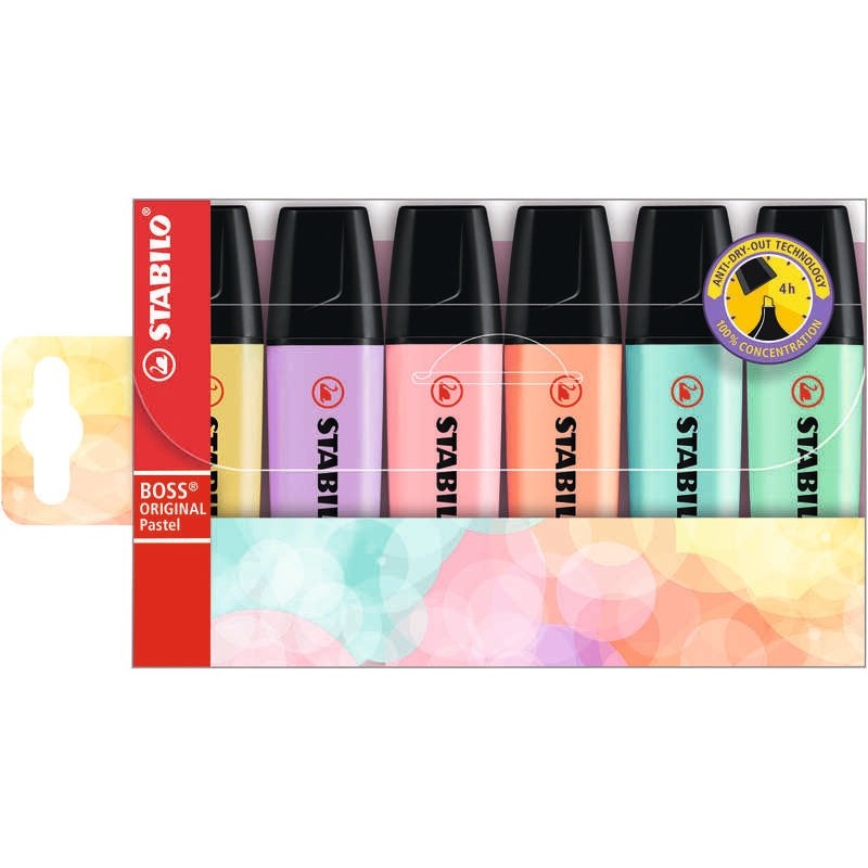 Stabilo Boss 70 Pastel Pack de 6 Rotuladores Marcadores Fluorescentes - Trazo entre 2 y 5mm - Recargable - Tinta con Base de