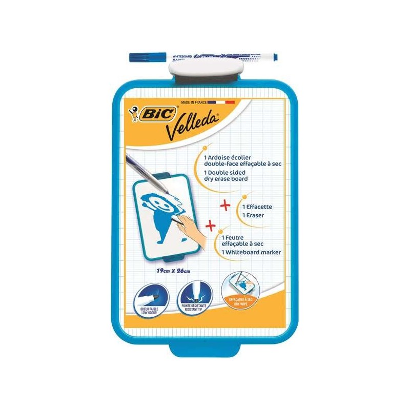 Bic Velleda School Blackboard Two White and Millimeter Surfaces + 1 Velleda Blue Marker + 1 Eraser - Dimensions: 26x19 cm