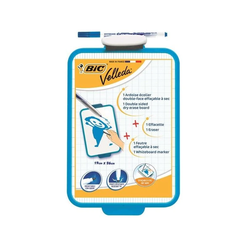 Bic Velleda School Blackboard Two White and Millimeter Surfaces + 1 Velleda Blue Marker + 1 Eraser - Dimensions: 26x19 cm