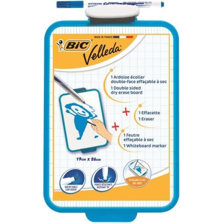 Bic Velleda School Blackboard Two White and Millimeter Surfaces + 1 Velleda Blue Marker + 1 Eraser - Dimensions: 26x19 cm