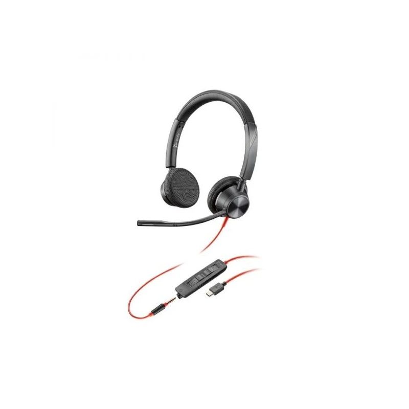HP Poly Blackwire 3225 Headphones with Microphone - USB + 3,5mm Jack - Cable Controls - USB-C/A Adapter - Black Color