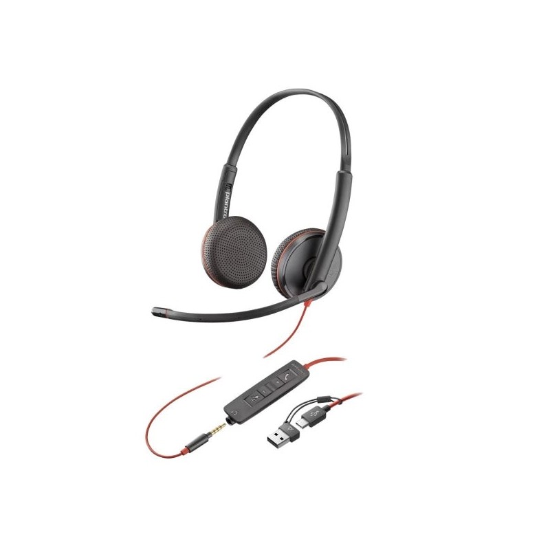 Casque HP Poly Blackwire 3220 USB-C avec microphone - Oreillettes rembourrées - Commandes par câble - Adaptateur USB-A
