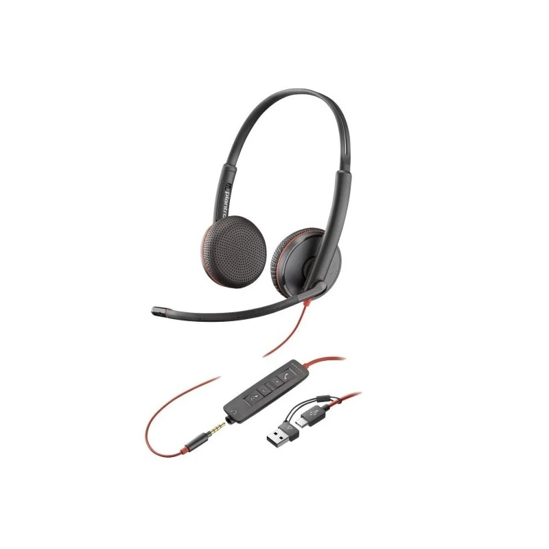Casque HP Poly Blackwire 3220 USB-C avec microphone - Oreillettes rembourrées - Commandes par câble - Adaptateur USB-A