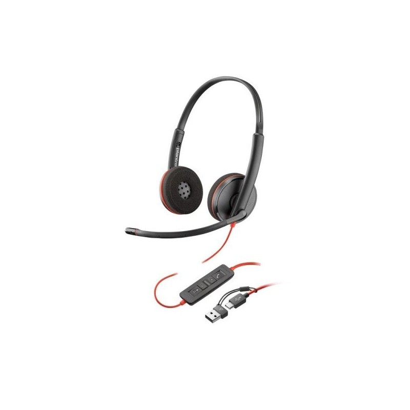 Casque HP Poly Blackwire 3220 USB-C avec microphone - Oreillettes rembourrées - Commandes par câble - Adaptateur USB-A