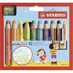 Stabilo Woody 3 en 1 Pack de 10 Lapices de Colores + Sacapuntas - Lapiz de Color, Cera y Acuarela, Todo en Uno - Mina XXL 10mm