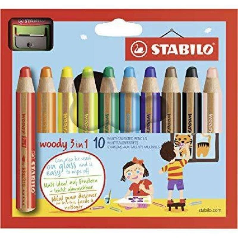 Stabilo Woody Lot de 10 Crayons de Couleur 3 en 1 + Taille-Crayon - Crayon de Couleur, Cire et Aquarelle, Tout en Un - Mine XXL