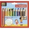 Stabilo Woody Lot de 10 Crayons de Couleur 3 en 1 + Taille-Crayon - Crayon de Couleur, Cire et Aquarelle, Tout en Un - Mine XXL
