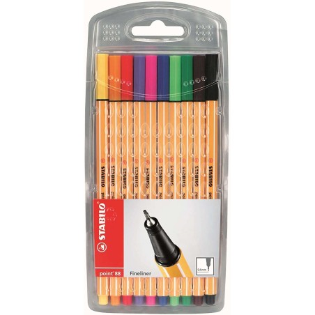 Stabilo Point 88 Pack of 10 Fineliner Fibre Tip Pens - 0.4 mm Line - Water-Based Ink - Assorted Colours