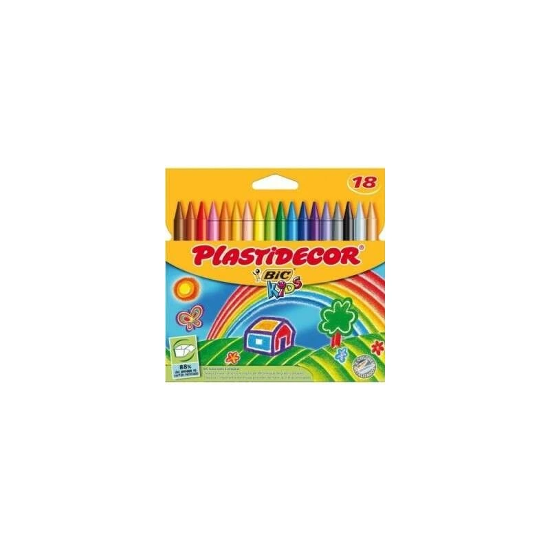 Bic Kids Plastidecor Boîte de 18 Crayons Cire - Extra résistants - Faciles à tailler - Ne tachent pas