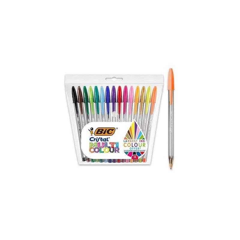 Bic Cristal Multicolour Pack de 15 Stylos à Bille - Pointe 1.6mm - Trait 0.42mm - Encre à Base d'Huile - Couleurs Assorties