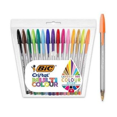 Bic Cristal Multicolour Pack de 15 Stylos à Bille - Pointe 1.6mm - Trait 0.42mm - Encre à Base d'Huile - Couleurs Assorties