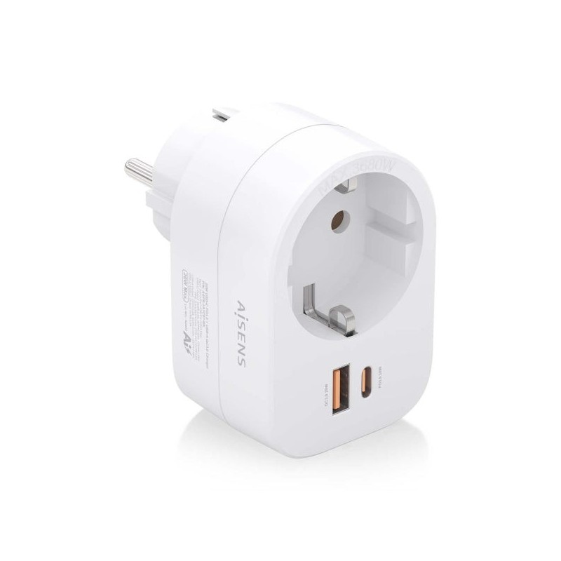 Aisens Multifunction Wall Power Strip with 1 Outlet + 1xUSB-C 20W PD3,0 - 1xUSB-A 20W QC3,0 - White