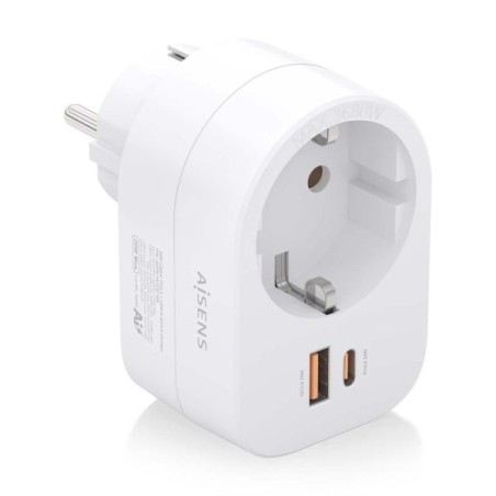 Aisens Multifunction Wall Power Strip with 1 Outlet + 1xUSB-C 20W PD3,0 - 1xUSB-A 20W QC3,0 - White
