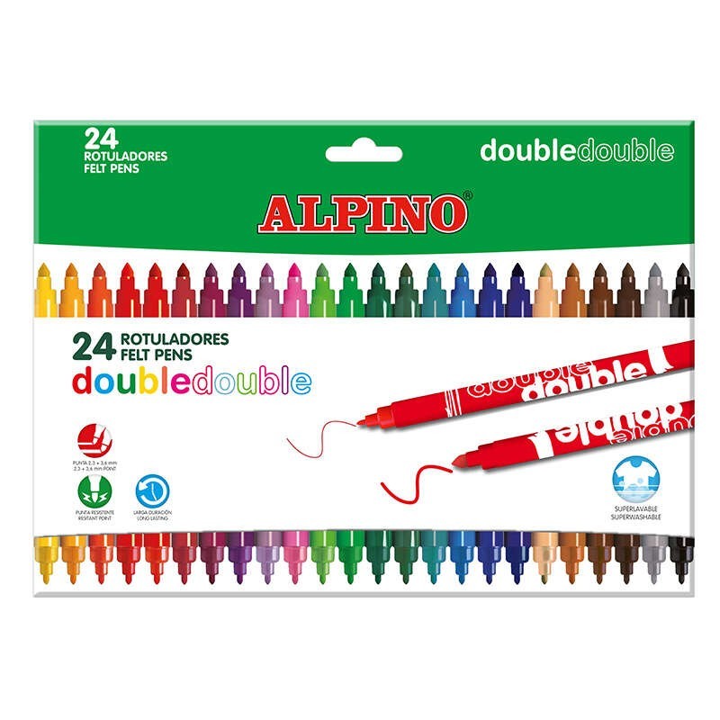 Alpino Double Double Pack com 24 Marcadores de Ponta Dupla - Ponta Grossa 3.6mm e Fina 2.3mm - Tinta Superlavável - Ideal para