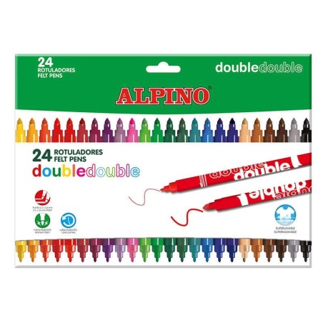 Alpino Double Double Pack con 24 Rotuladores Doble Punta - Punta Gruesa 3.6mm y Fina 2.3mm - Tinta Superlavable - Ideal para