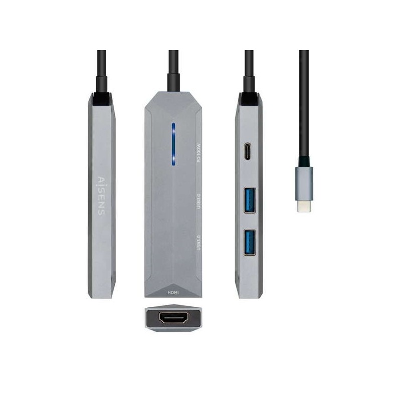 Aisens USB-C Dock 4 en 1 - USB-C vers 1xHDMI - 2xUSB - 1xPD - 15cm - Couleur Gris