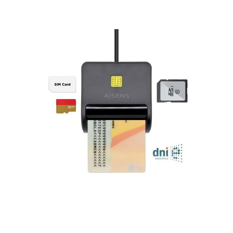 Aisens DNI Smart Card Reader with SIM Card Reader - SD - Micro SD - MMC - RS-MMC - MMC Micro - Black Color