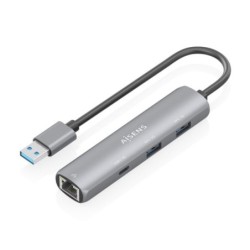 Aisens ASUC-4P035-GR Adaptateur Réseau USB 3.0 vers Gigabit Ethernet + Hub 1xUSB-C et 2xUSB-A 3.0 - 15cm - Gris