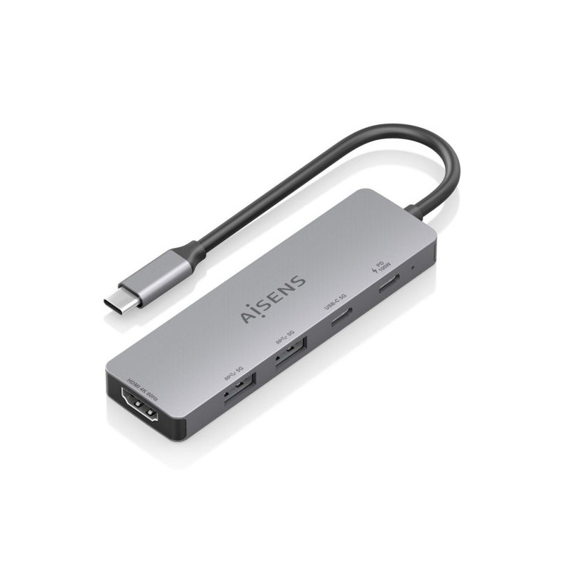 Aisens USB-C Dock 5 em 1 - USB-C para 1xHDMI - 2xUSB-A - 1xUSB-C - 1xUSB-C PD 100W - 15cm - Cor Cinza
