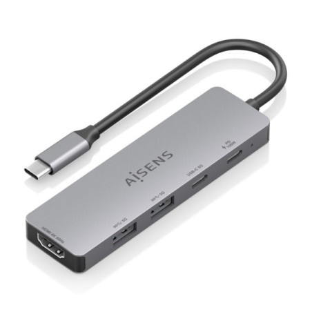 Aisens USB-C Dock 5 em 1 - USB-C para 1xHDMI - 2xUSB-A - 1xUSB-C - 1xUSB-C PD 100W - 15cm - Cor Cinza