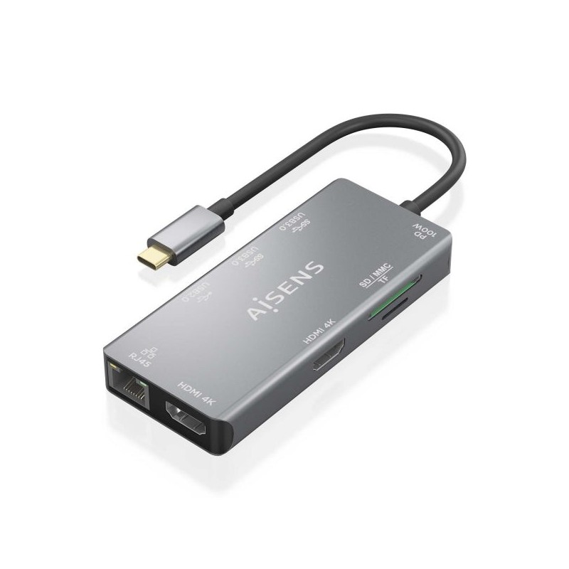 Aisens USB-C Dock 9 en 1 - USB-C vers 2xHDMI - 1xRJ45 - 2xUSB-A USB3.0 - 1xUSB-A USB2.0 - 1xUSB-C PD - 1xSD - 1xMicro SD - 15cm