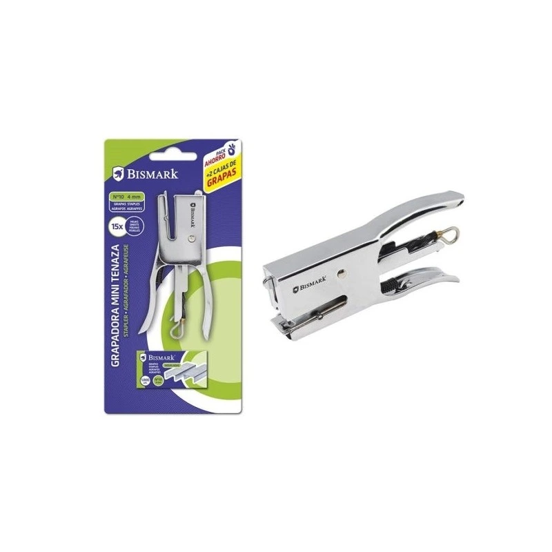 Bismark Grapadora Mini Tenaza Cromada + 2000 Grapas - Capacidad de Grapado 15 Hojas - Diseño Ergonomico - Alta Durabilidad