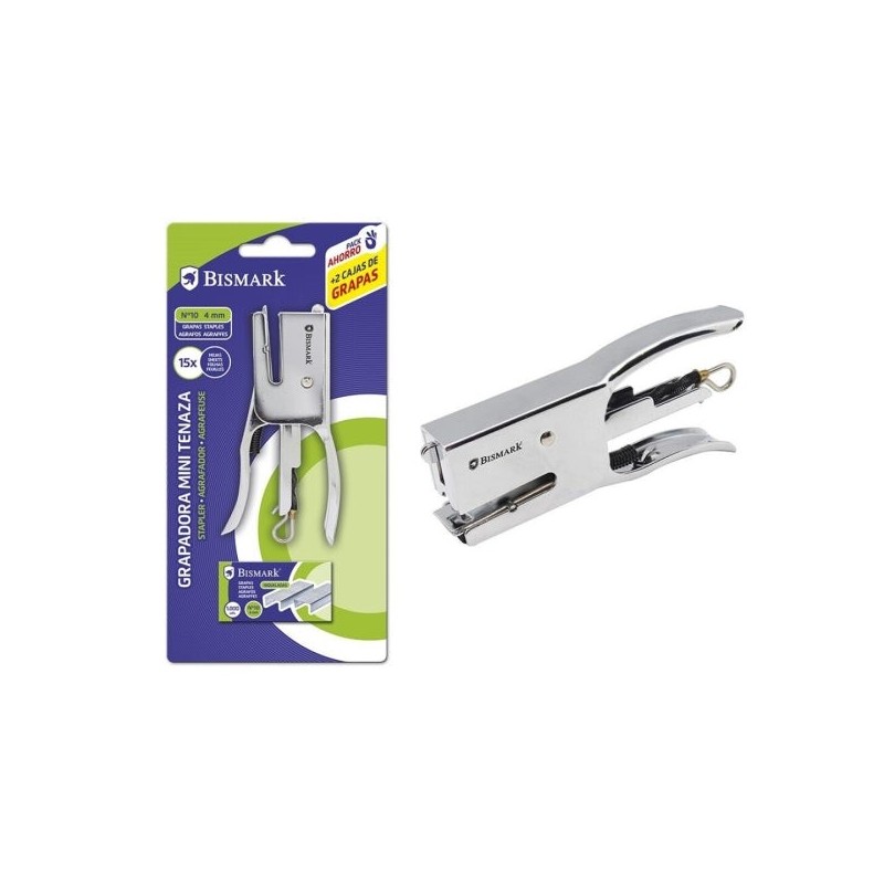 Bismark Mini Chrome Pliers Stapler + 2000 Staples - Stapling Capacity 15 Sheets - Ergonomic Design - High Durability - Silver