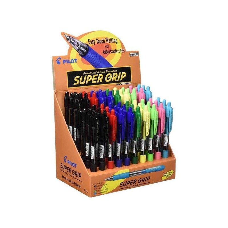 Pilot Présentoir de 60 Stylos à Bille Rétractables SuperGrip - Pointe Ronde 1.0mm - Trait 0.27mm - Encre à l'Huile - Grip
