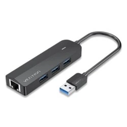 Vention USB Hub 4 in 1 - 3xUSB-A - RJ45 Ethernet - 15cm USB-A Cable - LED Indicator - Speed ​​up to 5Gbps - Black Color