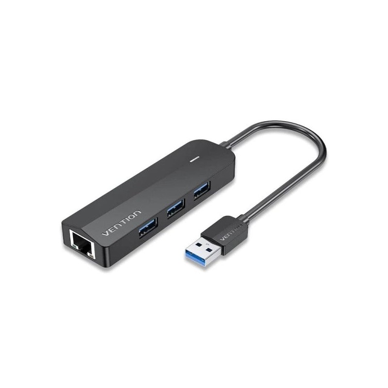 Vention USB Hub 4 in 1 - 3xUSB-A - RJ45 Ethernet - 15cm USB-A Cable - LED Indicator - Speed ​​up to 5Gbps - Black Color