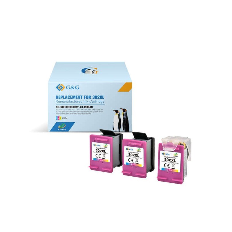 G&G HP 302XL Color Pack de 3 Cartuchos de Tinta Remanufacturados - Eco Saver - Muestra Nivel de Tinta - Reemplaza