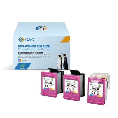 G&G HP 302XL Colour Pack of 3 Remanufactured Ink Cartridges - Eco Saver - Shows Ink Level - Replaces F6U67AE/F6U65AE