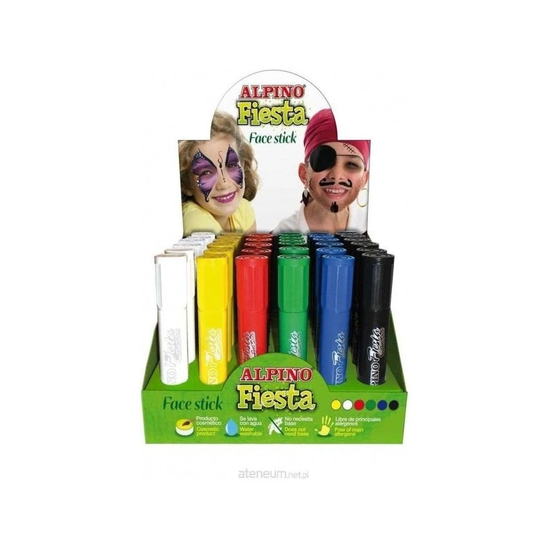 Alpino Fiesta Face Stick Display com 36 bastões de pintura facial - Sistema retrátil giratório - Lava com água - Testado