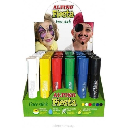 Alpino Fiesta Face Stick Display com 36 bastões de pintura facial - Sistema retrátil giratório - Lava com água - Testado