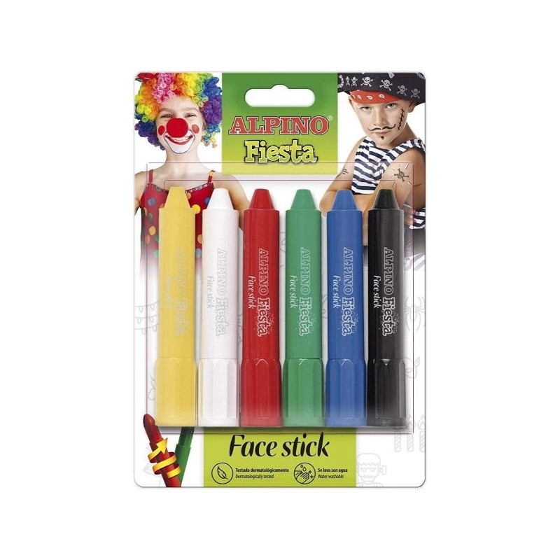 Alpino Fiesta Face Stick Pack con 6 Barritas de Pintura Facial - Sistema Retractil Giratorio - Se Lava con Agua - Testado