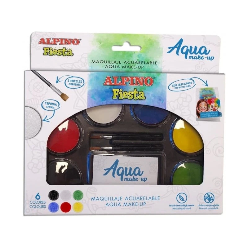 Pacote de maquiagem Alpino Fiesta Aqua com paleta de maquiagem aquarela com 6 cores + 2 pincéis + esponja e instruções de uso