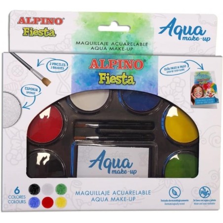 Alpino Fiesta Aqua Pack de Maquillage avec Palette de Maquillage Aquarelle 6 Couleurs + 2 Pinceaux + Éponge et Mode d'emploi