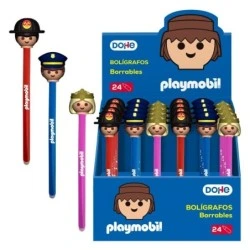 Dohe Playmobil Présentoir de 24 Stylos à Bille Effaçables - Pointe 1mm, Trait 0.5mm - Décorés Playmobil Policier, Pompier et