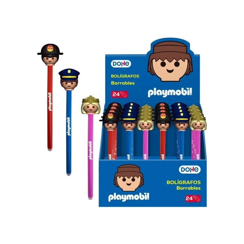 Dohe Playmobil Expositor de 24 Boligrafos Borrables - Punta 1mm, Trazo 0.5mm - Decorados Playmobil Policia, Bombero y Princesa