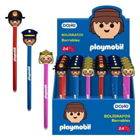 Dohe Playmobil Display of 24 Erasable Ballpoint Pens - 1mm Tip, 0.5mm Line - Playmobil Police, Firefighter and Princess