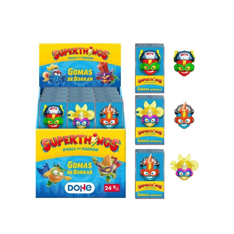 Display Dohe Superthings com 24 borrachas - Feito de PVC - Resistente - Formatos variados