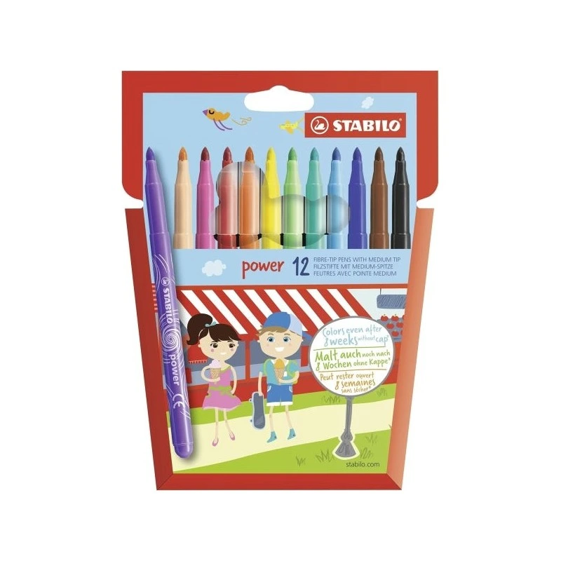 Stabilo Power Pack of 12 Coloured Felt Tip Pens - 2mm Medium Tip - Washable Ink - Vented Cap - Assorted Colours