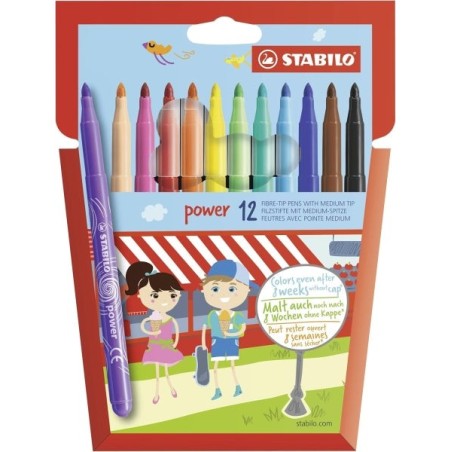 Stabilo Power Pack of 12 Coloured Felt Tip Pens - 2mm Medium Tip - Washable Ink - Vented Cap - Assorted Colours
