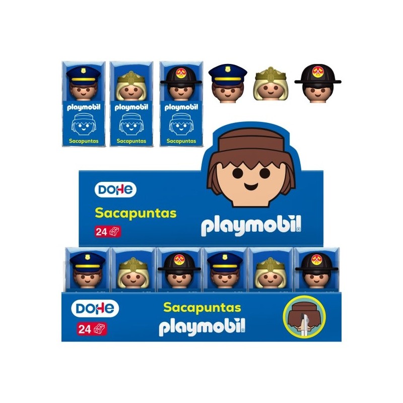 Expositor Dohe Playmobil com 24 apontadores de lápis de 1 furo e lâmina de aço - Playmobil decorado com polícia, bombeiro e