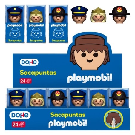Dohe Playmobil Display Stand with 24 1-Hole Pencil Sharpeners and Steel Blade - Decorated Playmobil Police, Fireman and Princess