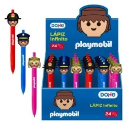 Dohe Playmobil Display Stand with 24 Infinite Pencils - Rubber Grip - Erases Easily - Decorated Playmobil Police, Fireman and