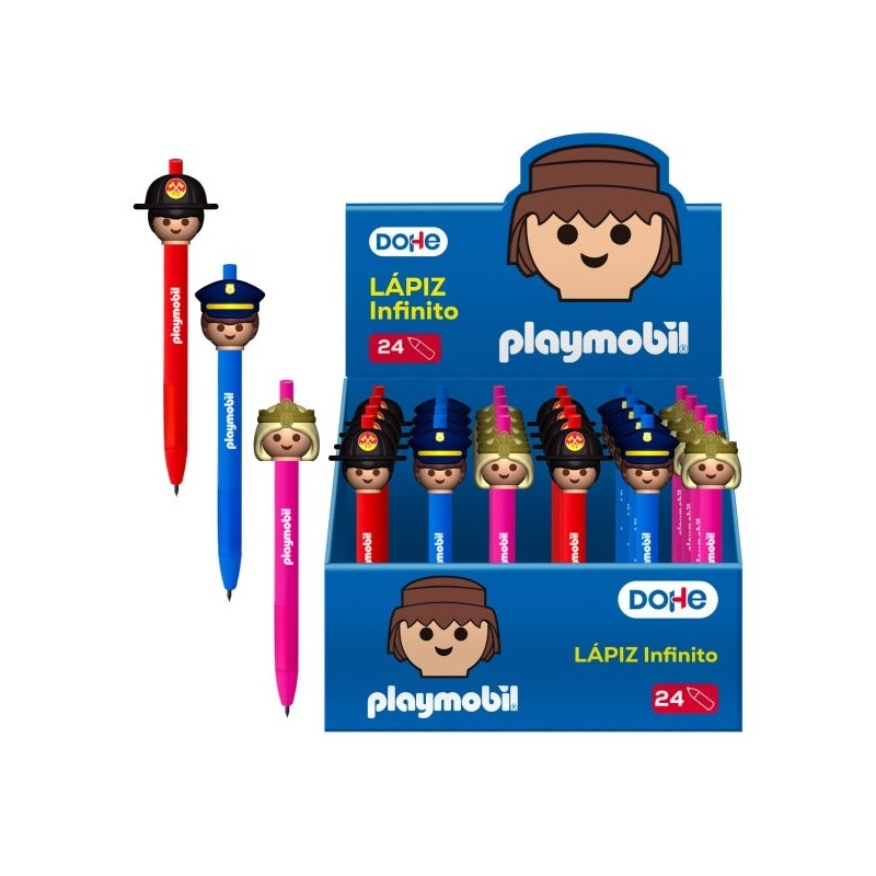 Dohe Playmobil Expositor con 24 Lapices Infinitos - Grip de Caucho - Se Borra Facilmente - Decorados Playmobil Policia, Bombero